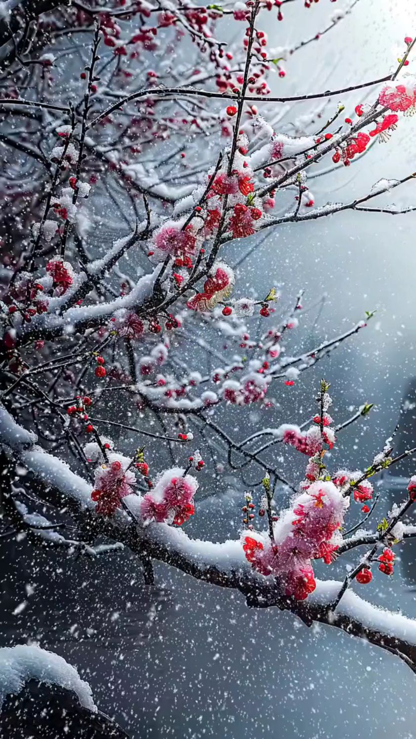 雪压梅花不低头,任凭雪舞信天游. 不用绿叶来点缀,笑看严寒几时休.