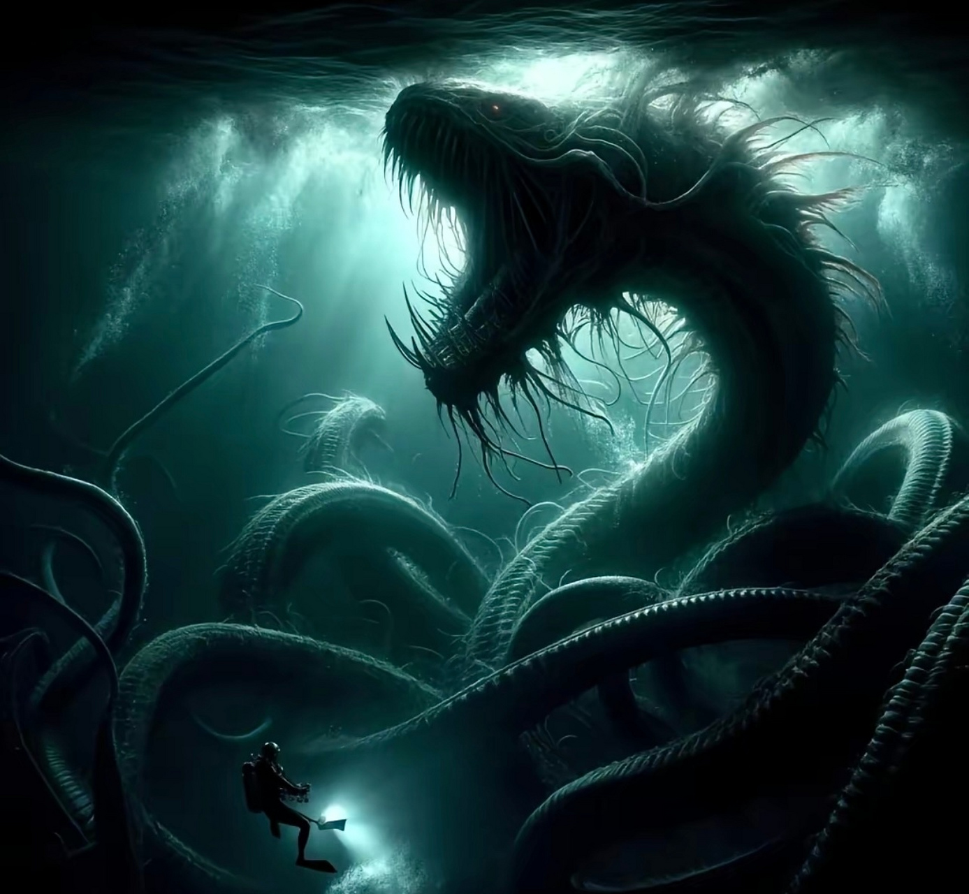 ai生成的一组奇幻场景作品,描绘了人们在深海的奇遇,在水面之下隐藏着