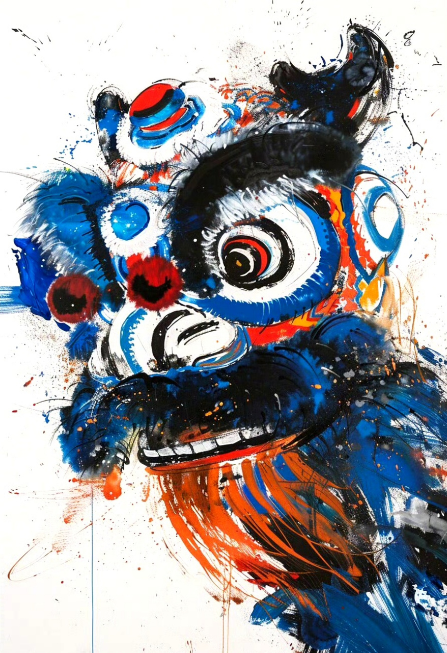 组水墨风格狮头插画作品,风格写意随性挥洒,展现了我国传统的舞狮文化