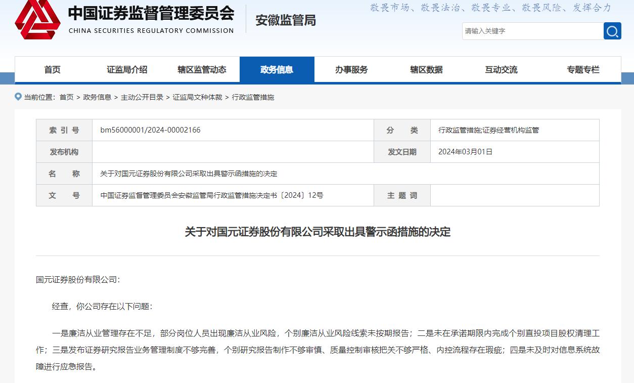因内控流程存在瑕疵等问题 国元证券被采取出具警示函措施