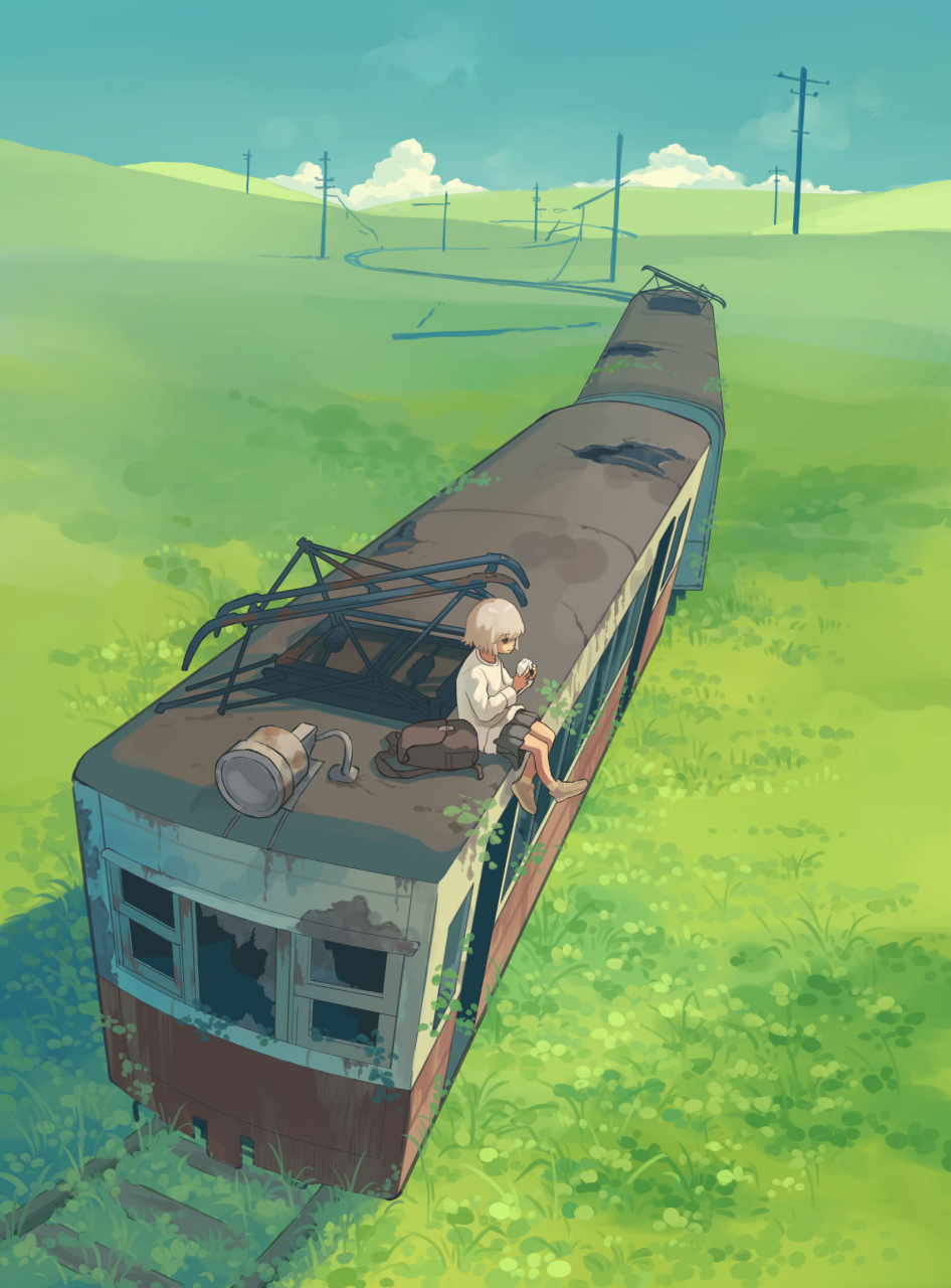 坐在废旧列车车顶上的孩子#二次元#  画师:taizo