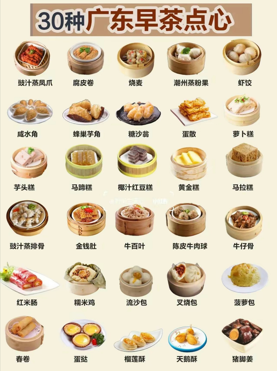 30种广东早茶点心 豉汁蒸凤爪 腐皮卷 烧麦 潮州蒸粉果 虾饺 咸水角