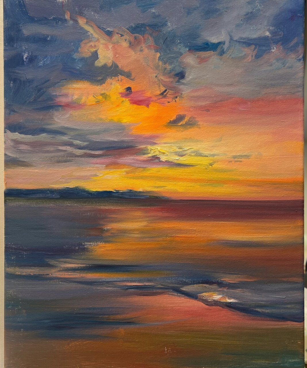 原创油画风景 浪漫的海边 暮色(附步骤)  93步骤分享:用画笔轻轻