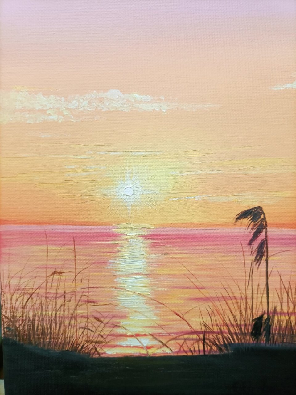 手绘油画海边落日风景装饰画  9693 我正在创作一幅手绘油画,描绘