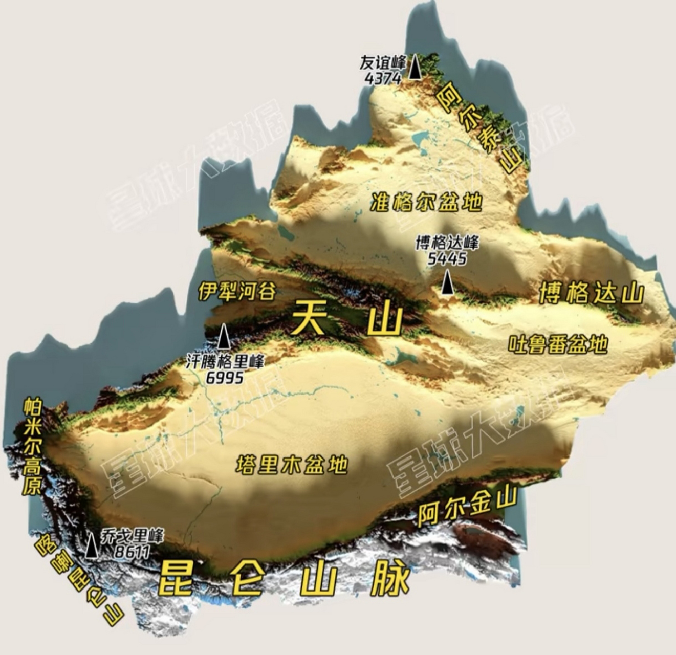 新疆地形大体总结为:三山夹两盆,阿尔金山,准噶尔盆地,天山,塔里木