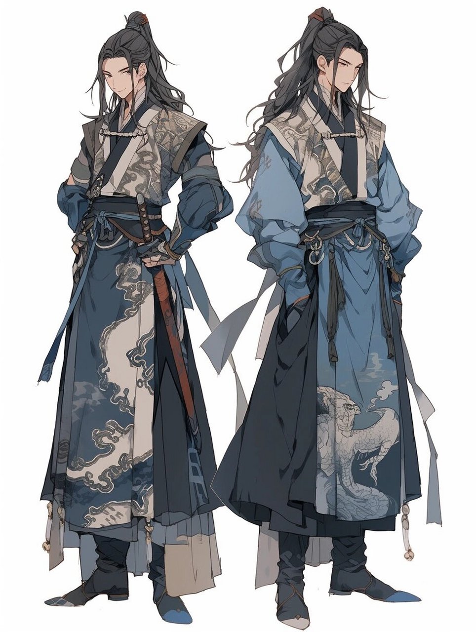 90  这些长袍设计独特,线条流畅,青色调更是显得高贵而神秘.