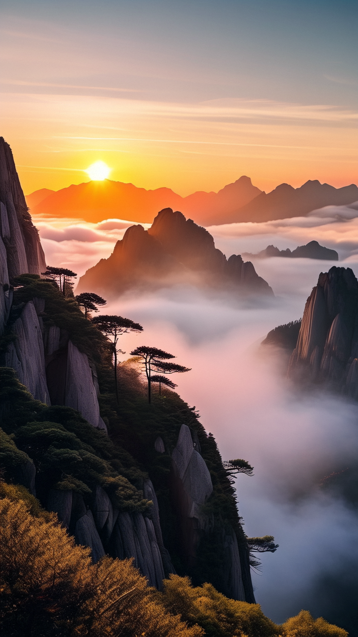 晨曦瑰宝:黄山日出,一幅流动的风景壁纸