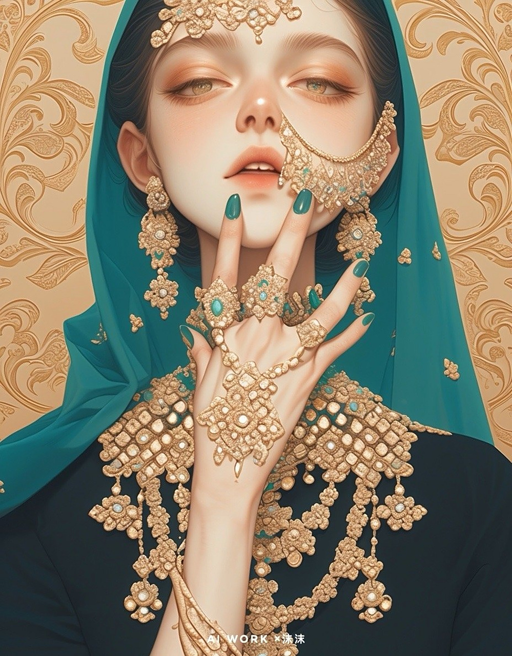 画师沫沫绘制的一组动漫人物插画,描绘了身着华丽服饰的人物,珠宝设计