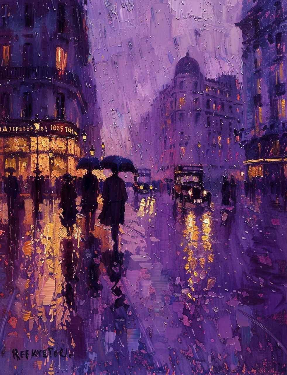 分享一组风景油画作品,描绘了雨夜中的巴黎街景,在灯光的映衬下画面