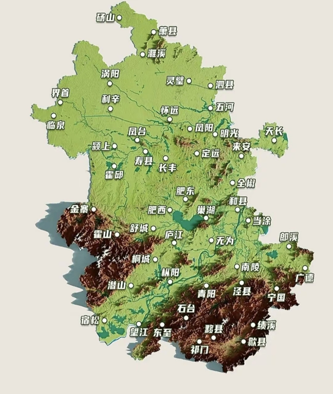 安徽省地势分成淮北平原区,江淮台地丘陵区,皖西丘陵山地区(大别山区)