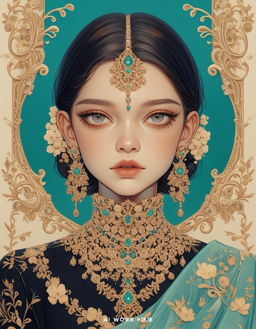 画师沫沫绘制的一组动漫人物插画,描绘了身着华丽服饰的人物,珠宝设计