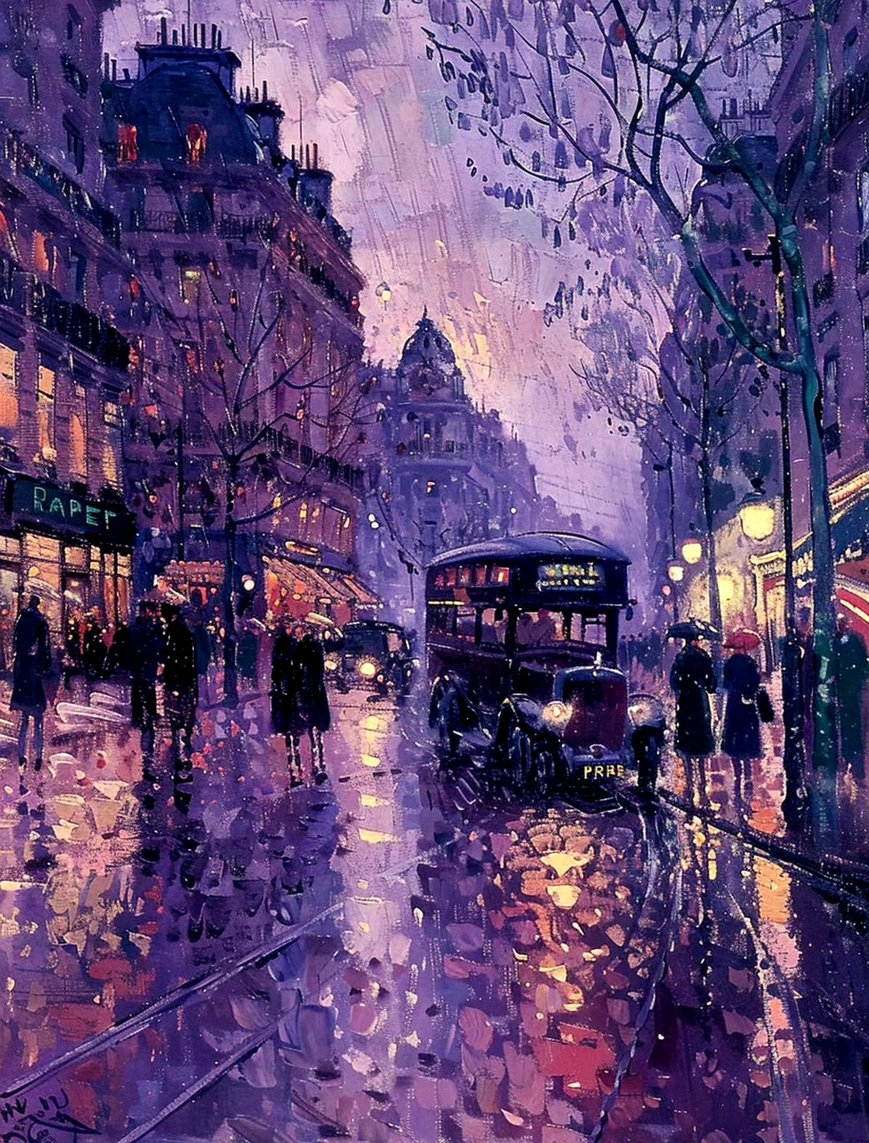 分享一组风景油画作品,描绘了雨夜中的巴黎街景,在灯光的映衬下画面