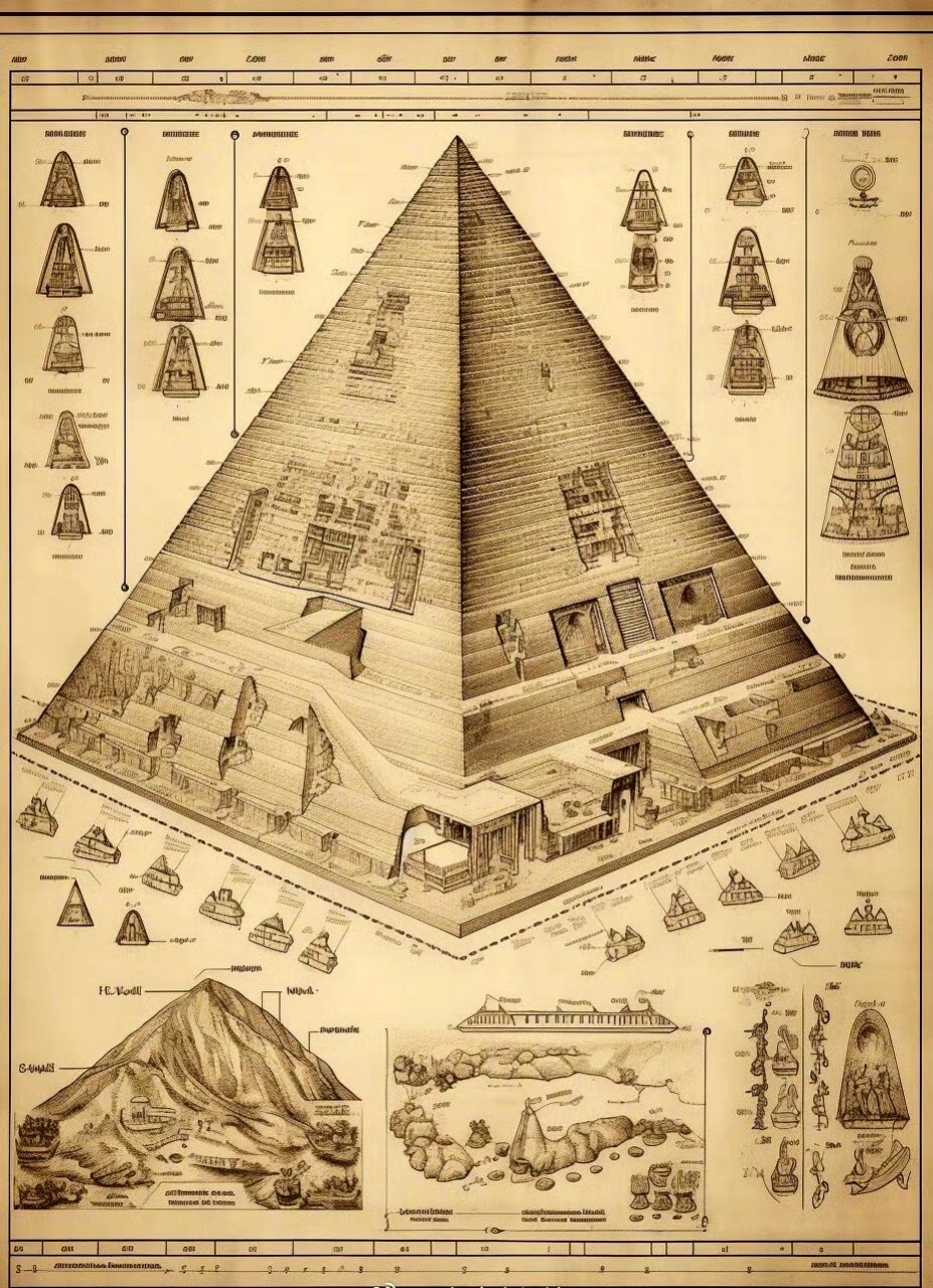 ai生成的一组埃及金字塔结构设计图纸,到目前为止金字塔的用途和内部