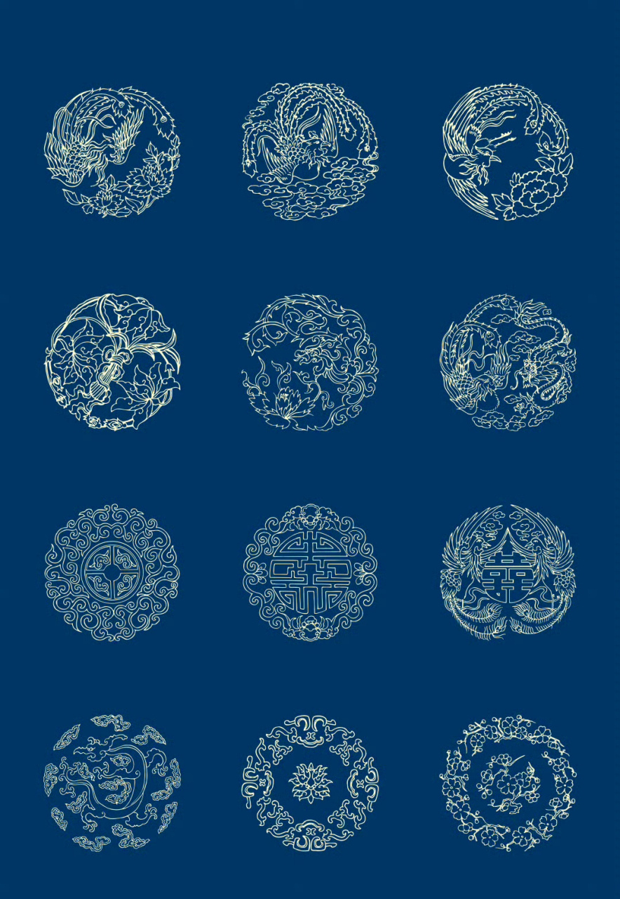 一组国风纹样作品展示,画面集合了不同风格和素材的图案,历经千年传承