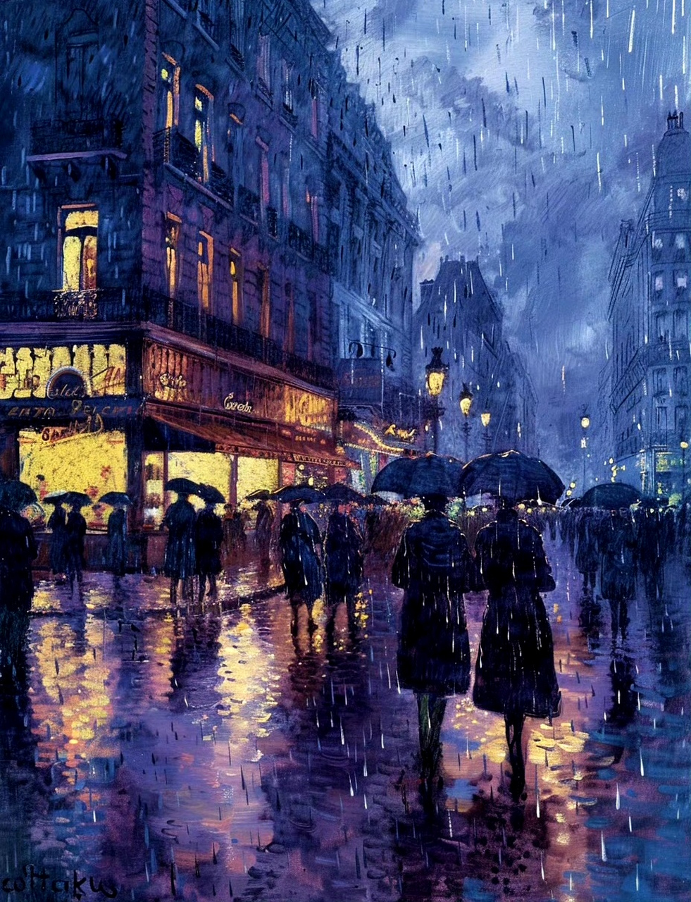 分享一组风景油画作品,描绘了雨夜中的巴黎街景,在灯光的映衬下画面