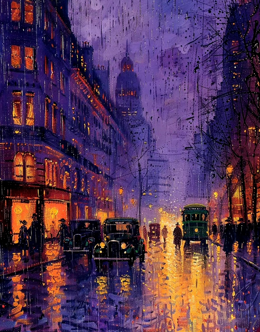 分享一组风景油画作品,描绘了雨夜中的巴黎街景,在灯光的映衬下画面