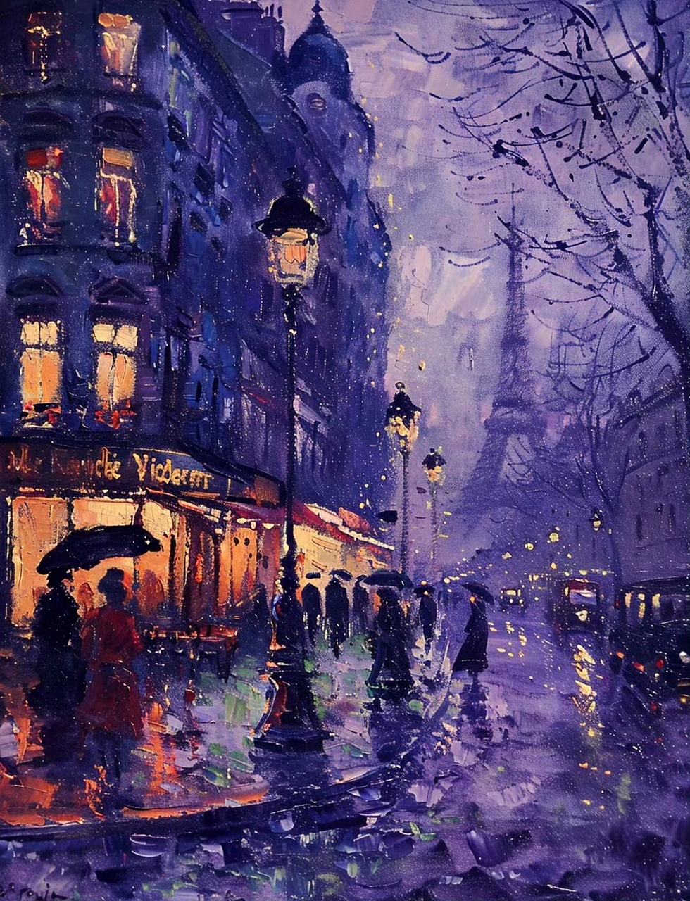 分享一组风景油画作品,描绘了雨夜中的巴黎街景,在灯光的映衬下画面