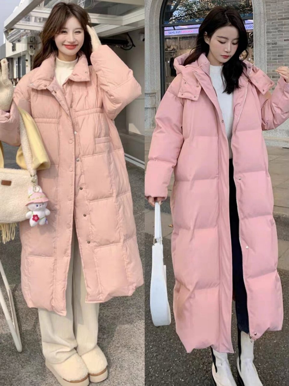 穿衣搭配-冬季女生粉色长款羽绒服怎么搭配  冬季的寒冷,也无法阻挡