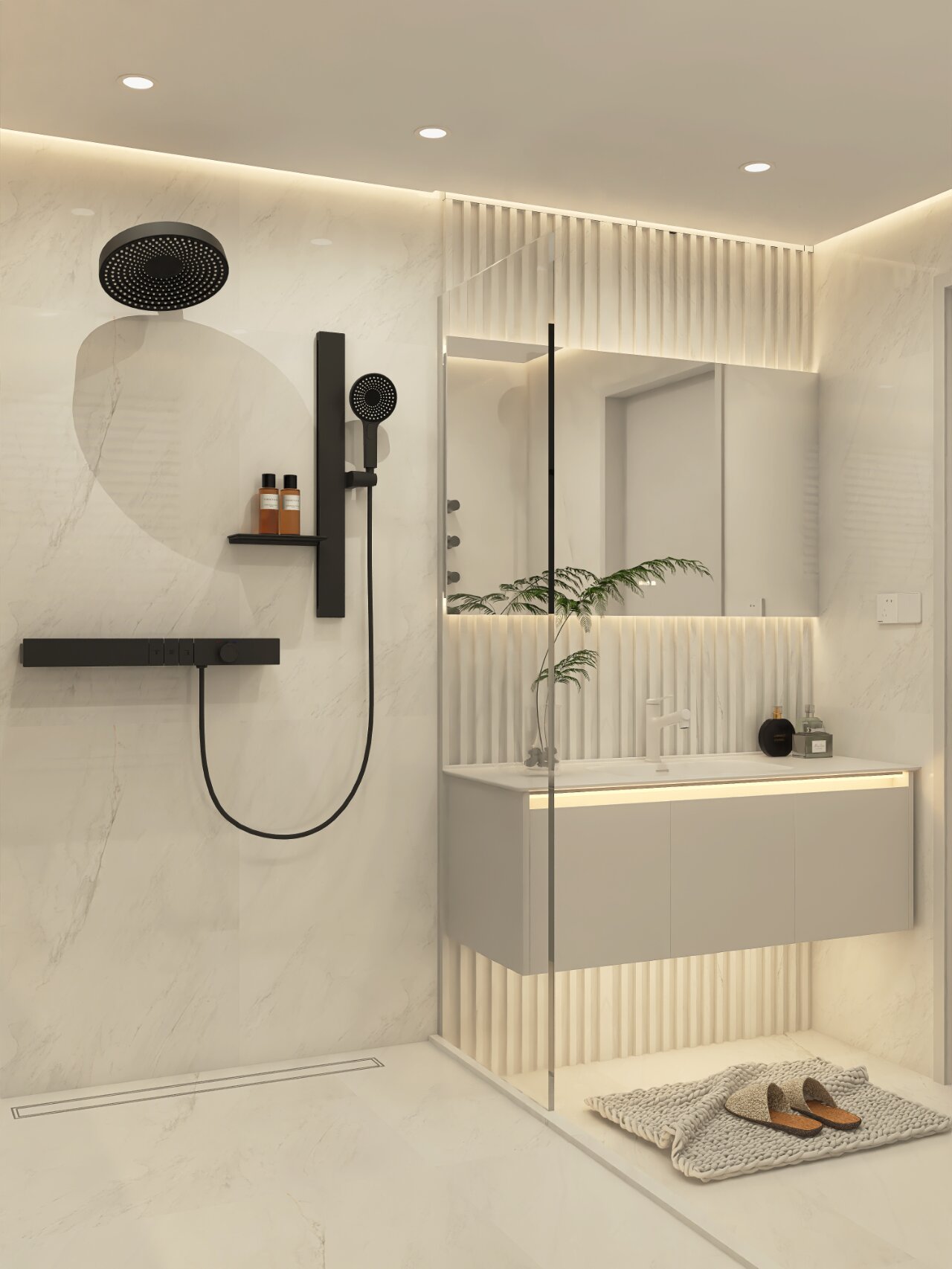 轻奢风卫生间,用白色大理石瓷砖通铺,简直就是装修的天花板!