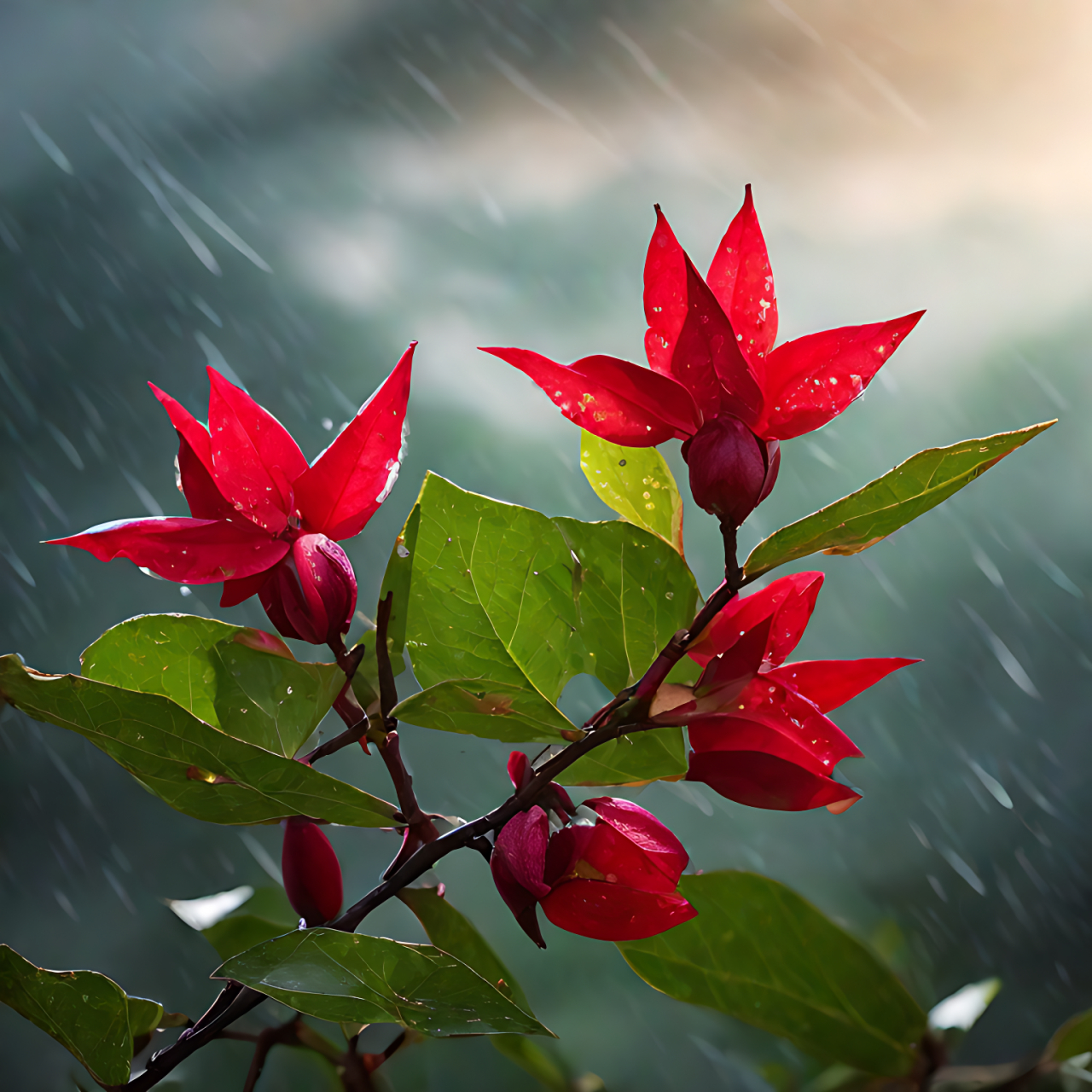 红花绿叶,自然的绝美组合,象征着生命的活力与生机.