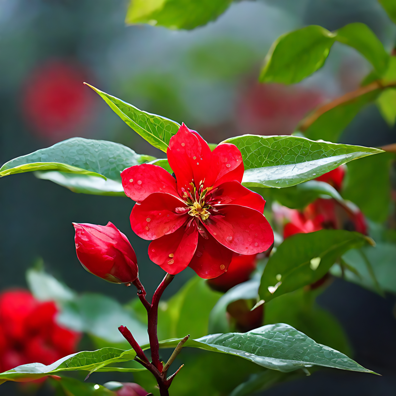 红花绿叶,自然的绝美组合,象征着生命的活力与生机.