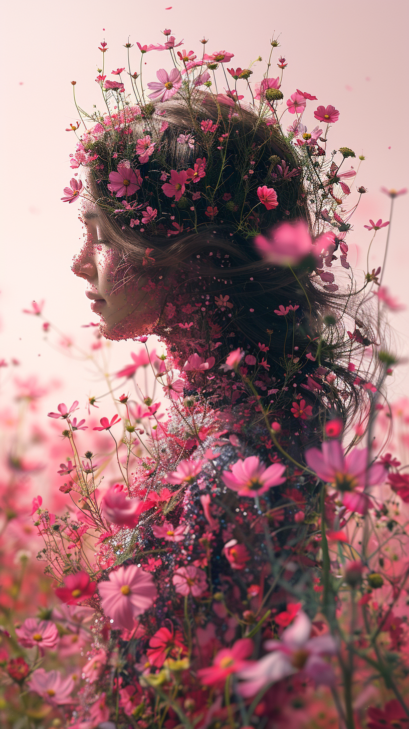 壁纸 | 花语绽放 图片是在柔和的粉色背景下,一束绚丽的鲜花缠绕着