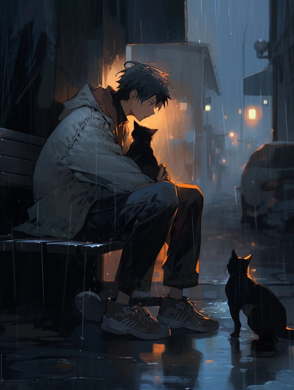 "猫与少年,雨夜街头的聚会"  93有我,你就不会再孤单流浪,因为有我