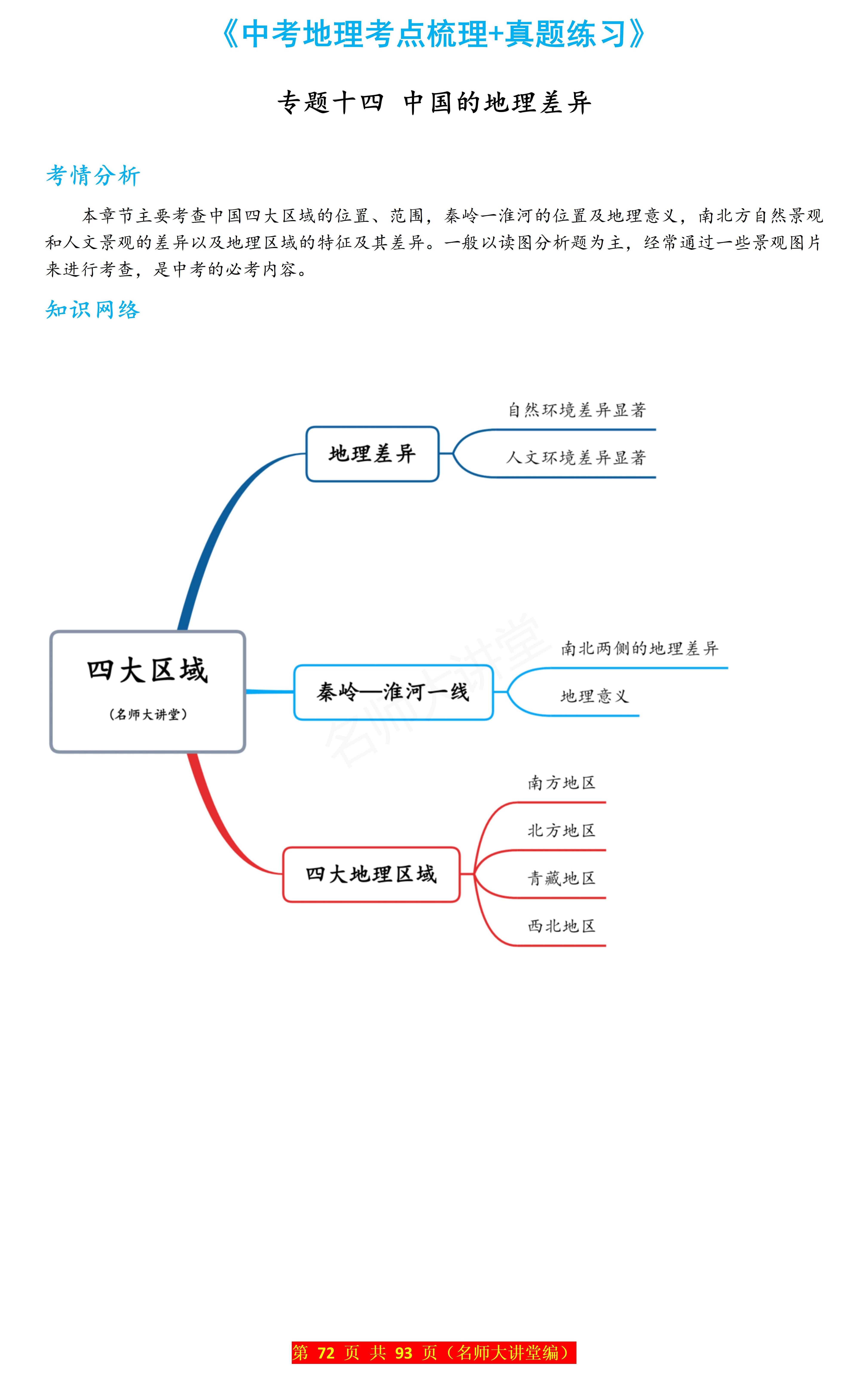 同学们在复习这一模块时,可以用思维导图梳理不同区域的知识要点