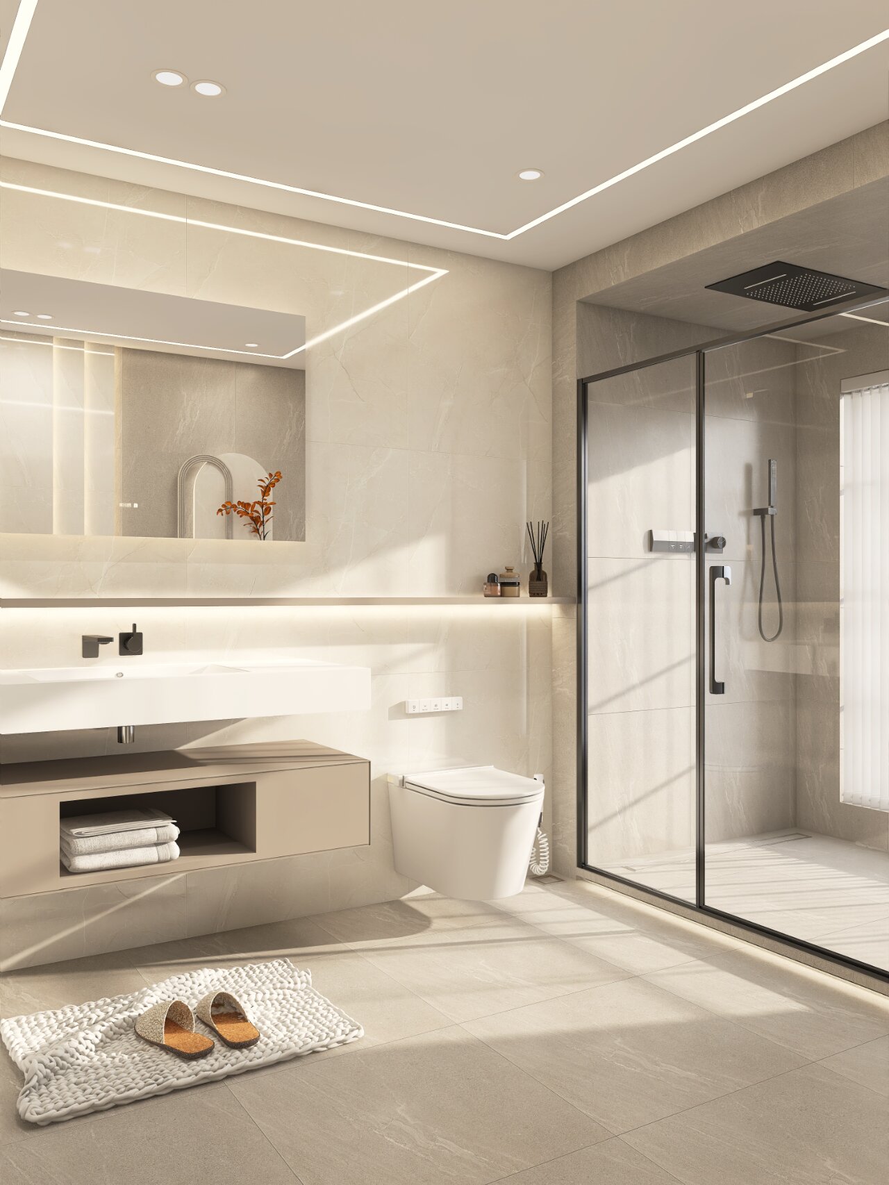 简约轻奢卫生间,真的是久看不腻的高级感  一字型布局的卫生间,以白色