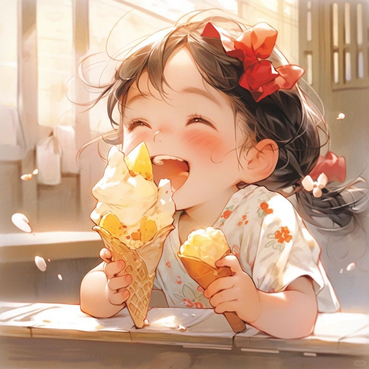 吃了甜食会开心  插画中的小女孩,正享受着与冰淇淋的甜蜜邂逅,让人忍