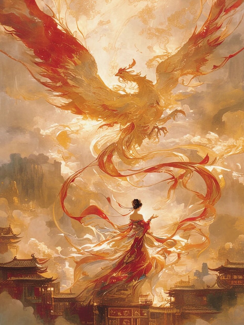 今天我要给大家带来的,是一幅绝美的浴火凤凰国风插画!