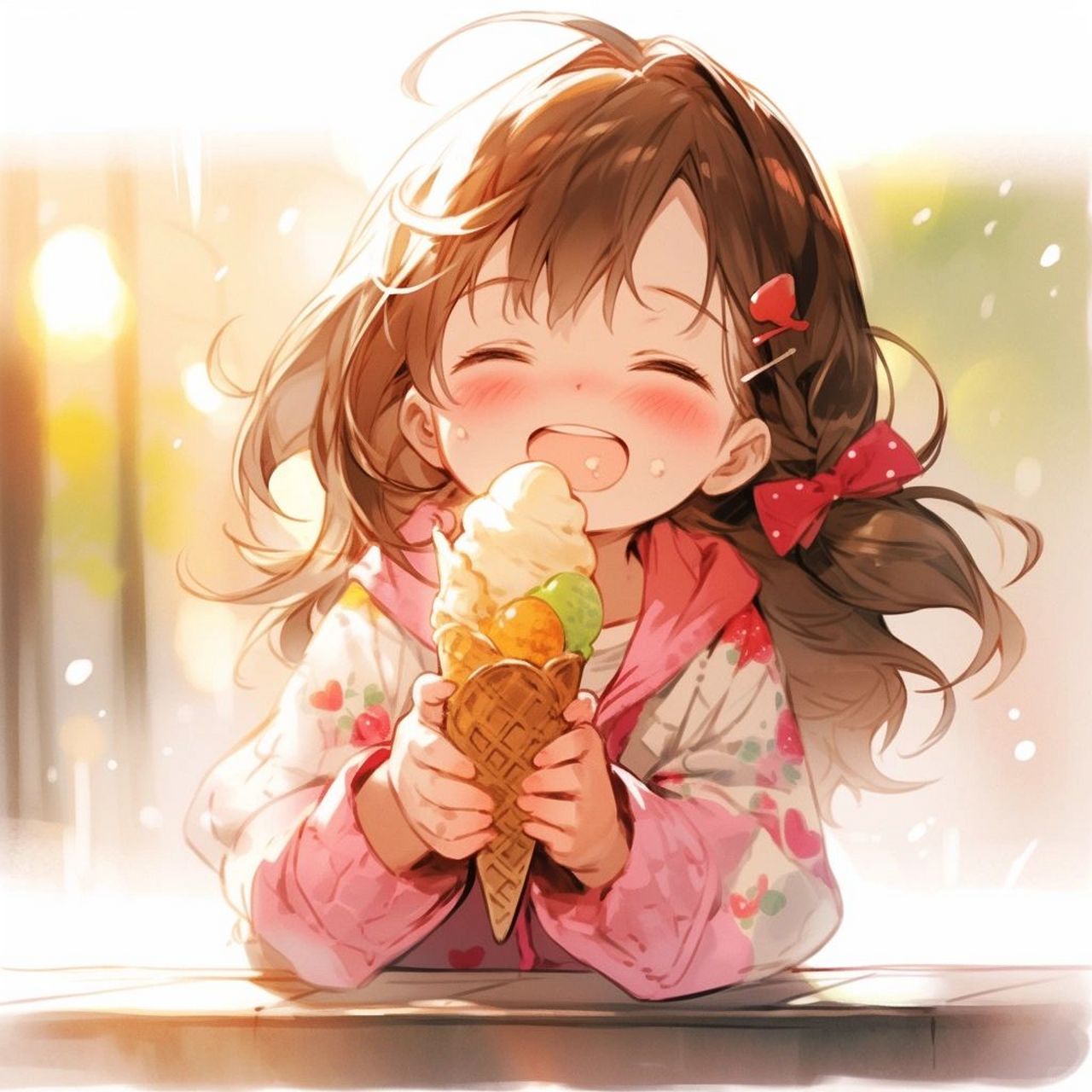 吃了甜食会开心  插画中的小女孩,正享受着与冰淇淋的甜蜜邂逅,让人忍
