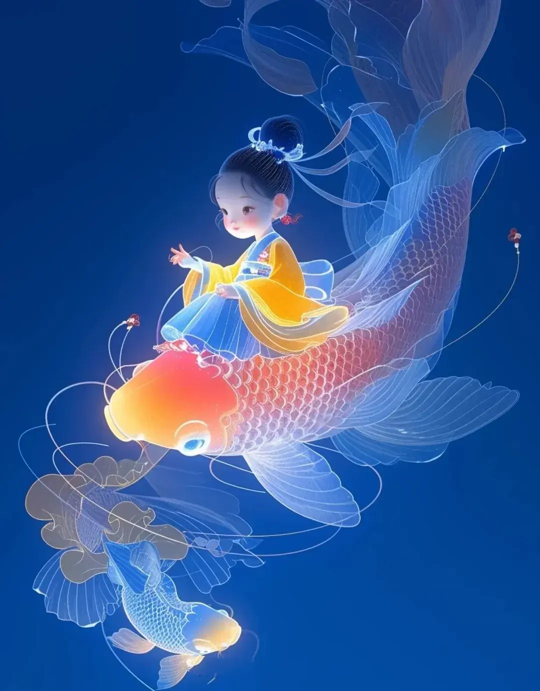 美图分享,ai生成的童子戏鱼图