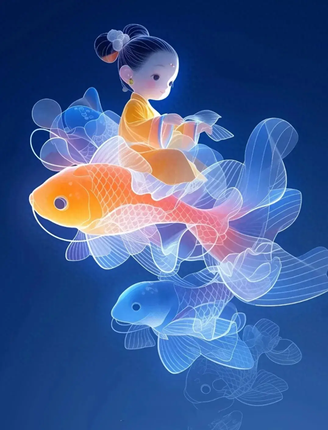 美图分享,ai生成的童子戏鱼图