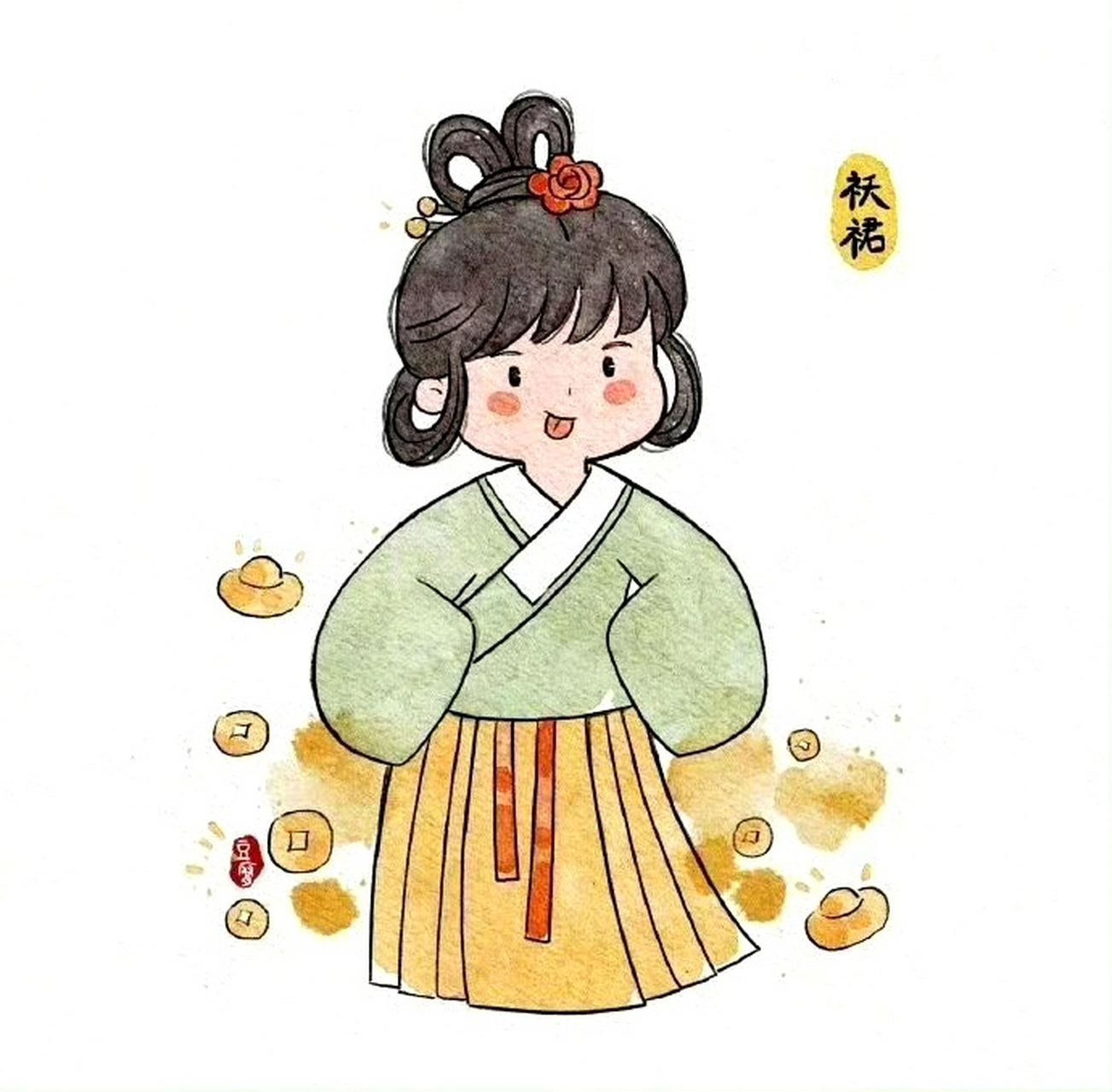 分享一组汉服卡通绘画作品,描绘了其常见的九种形制,by 王豆腐