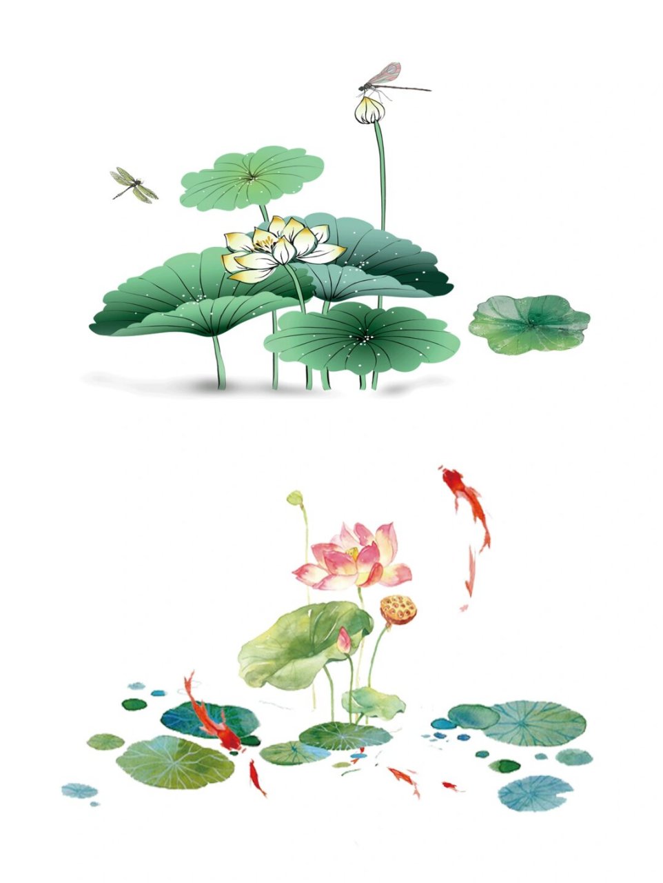 彩色古风水墨的世界中,一幅幅精美的古典国画工笔画荷塘鱼塘png素材