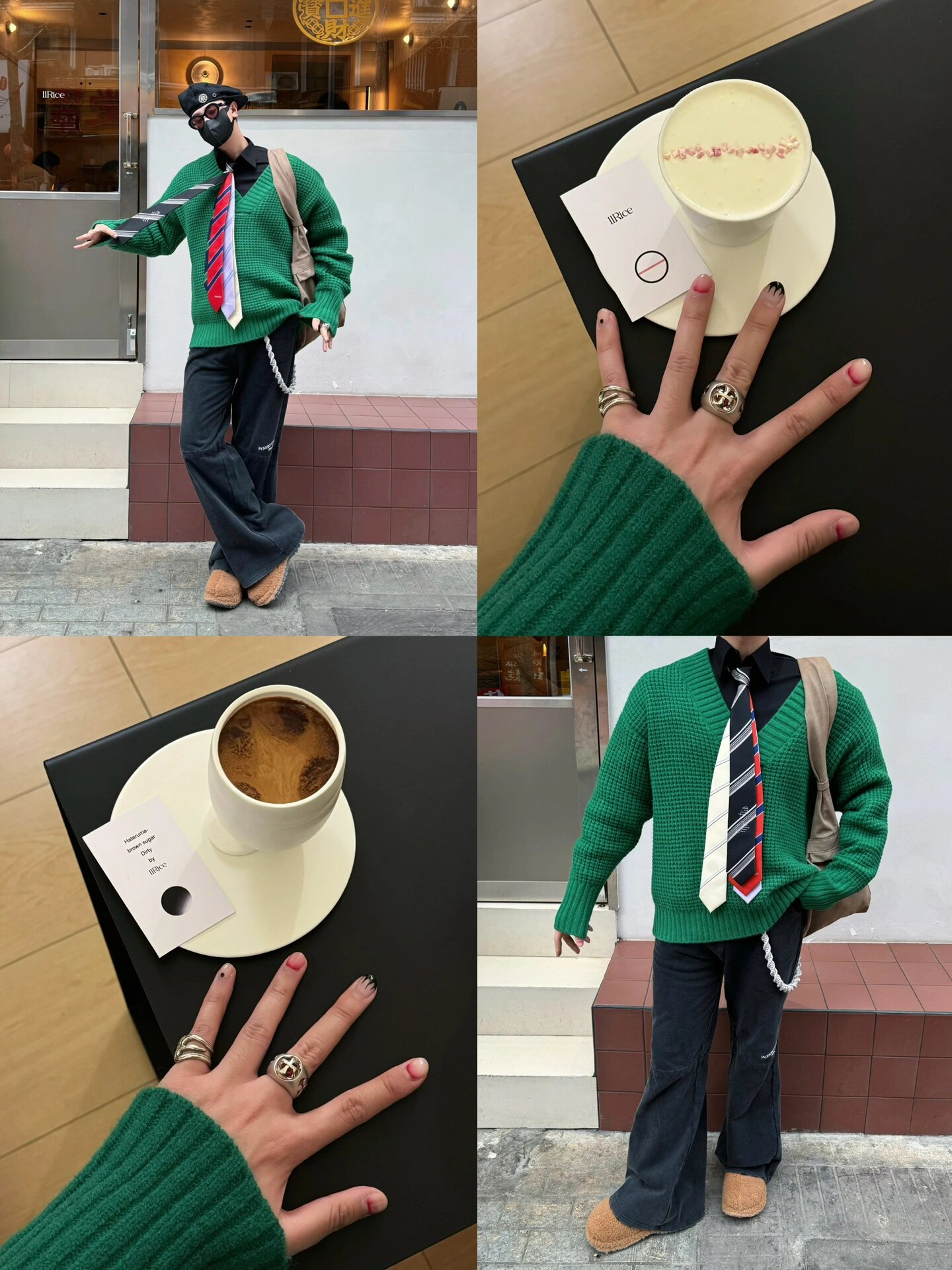 今天走的是黑绿配的韩系男友风素色针织衫和花领带的叠搭不仅主次