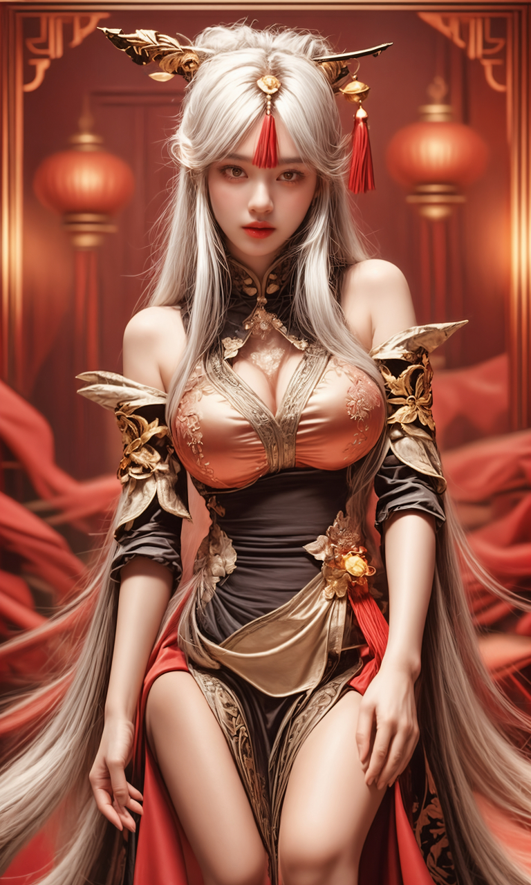 她的旗袍上绣着精美的莲花图案,色彩斑斓,与她身后的古建筑相映成趣.