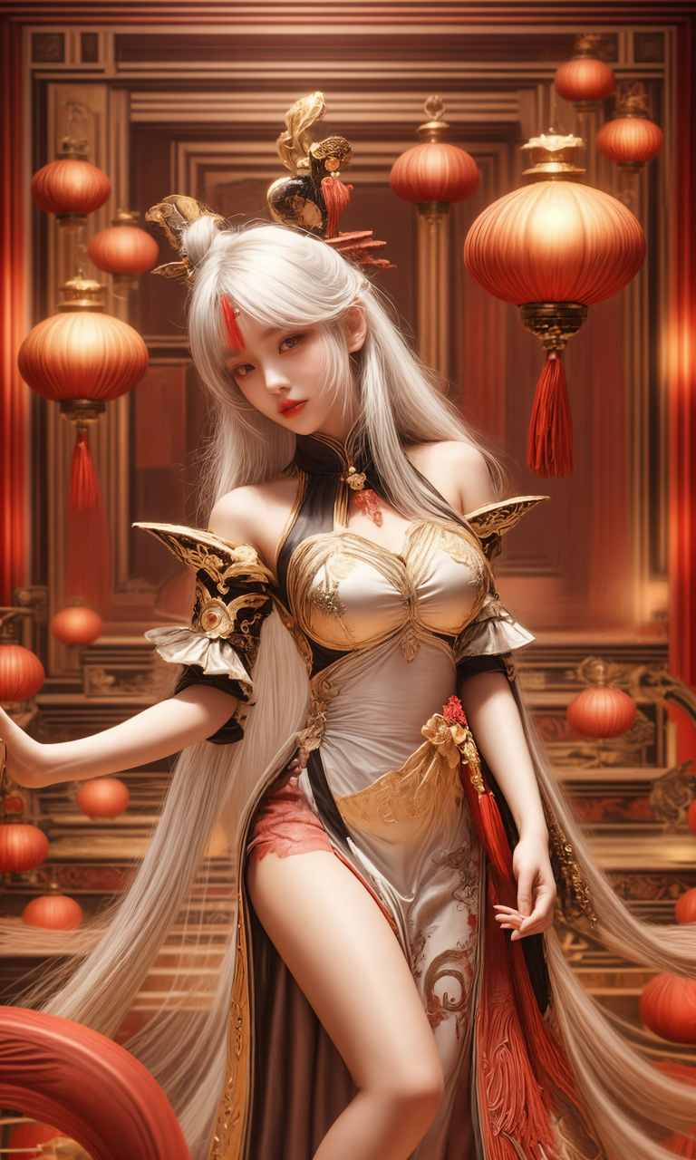 她的旗袍上绣着精美的莲花图案,色彩斑斓,与她身后的古建筑相映成趣.