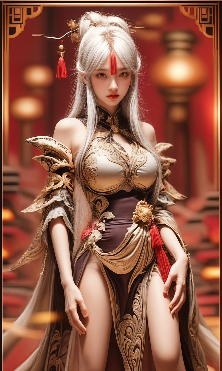 她的旗袍上绣着精美的莲花图案,色彩斑斓,与她身后的古建筑相映成趣.