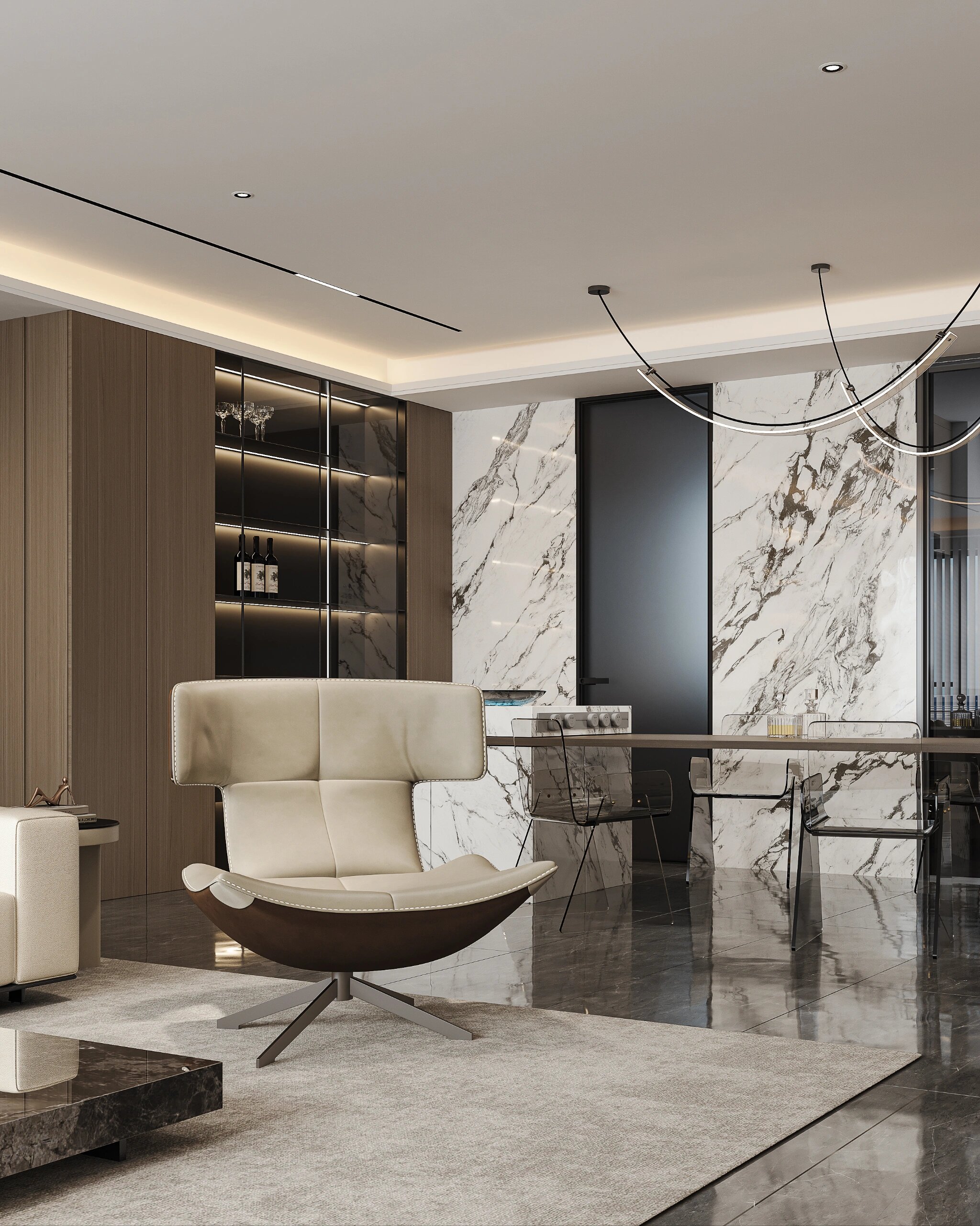 餐厅墙面采用岩板与木制纹理墙板的结合,高级感瞬间凸显