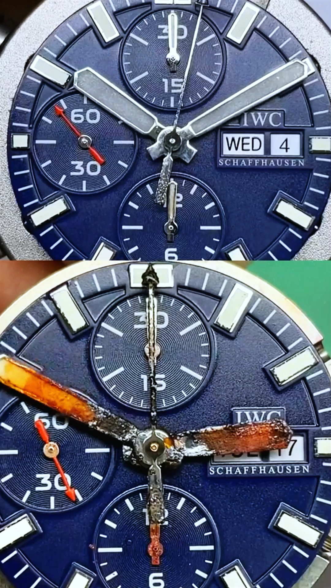 万国手表进水维修,表针都被腐蚀生锈-度小视