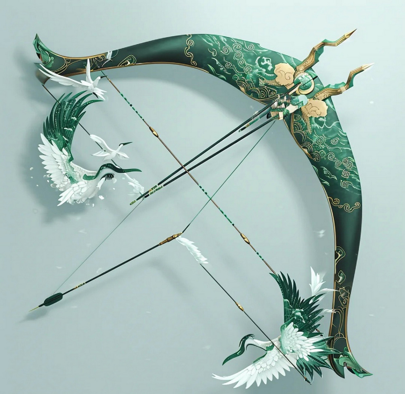 在弓的两端,镶嵌着闪烁着淡蓝色光芒的宝石💎,代表着风元素的力量.