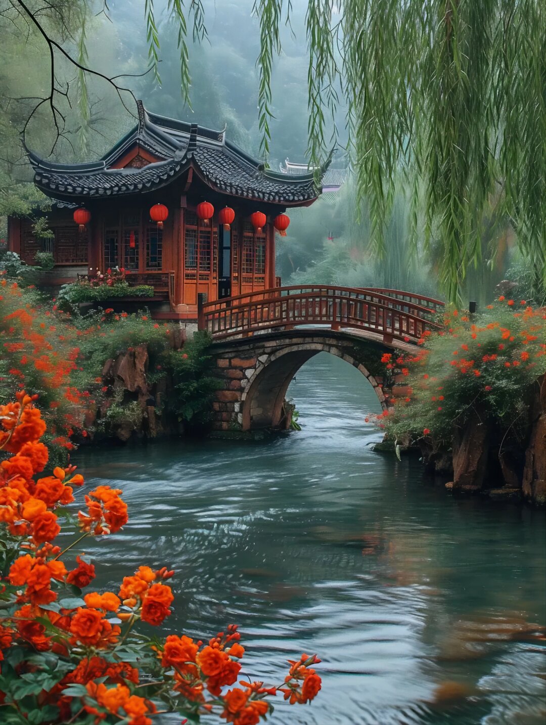唯美古风意境素材  想象一下,一座古老的桥梁,横跨在清澈的河水上,桥