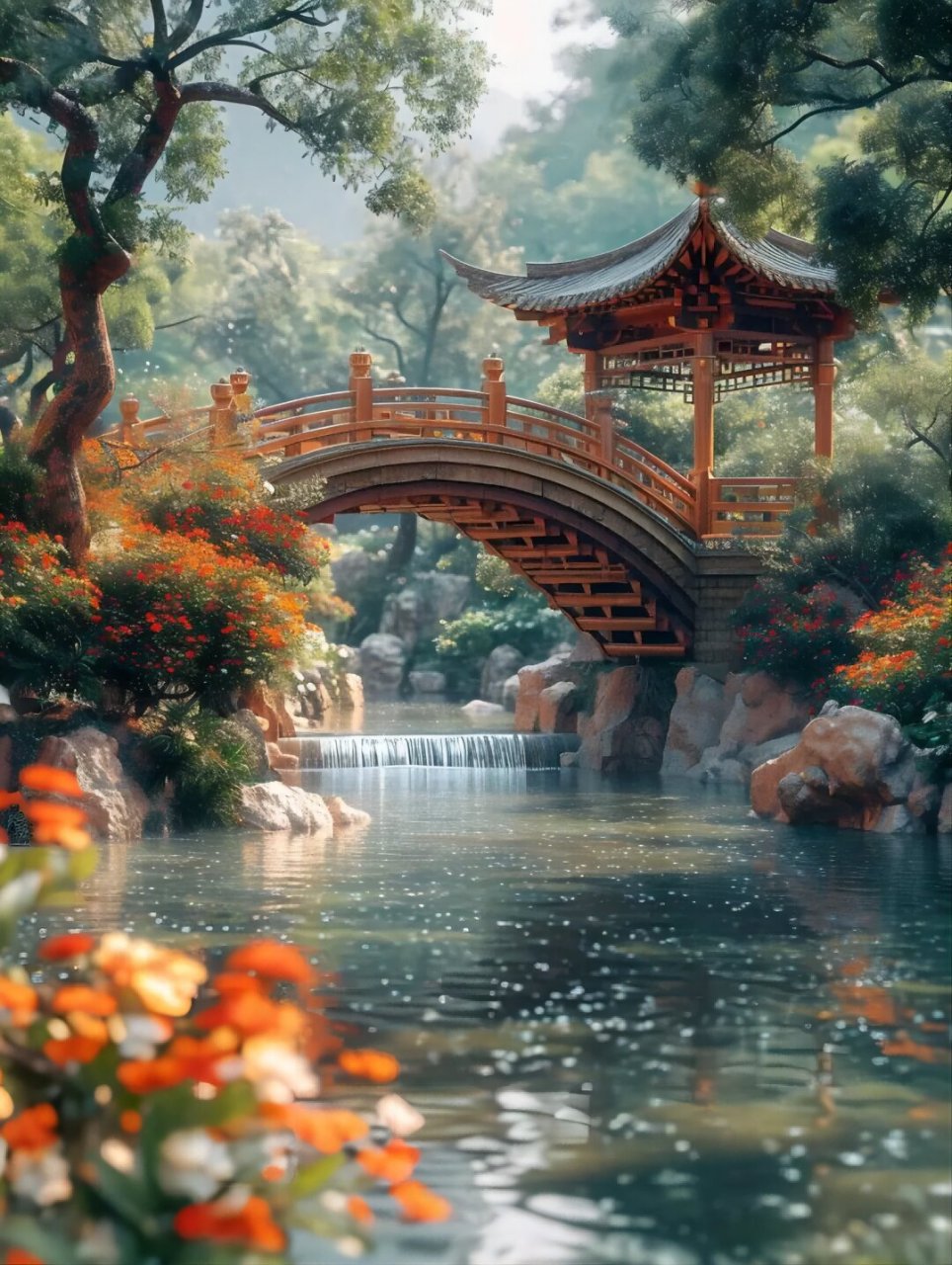 唯美古风意境素材  想象一下,一座古老的桥梁,横跨在清澈的河水上,桥