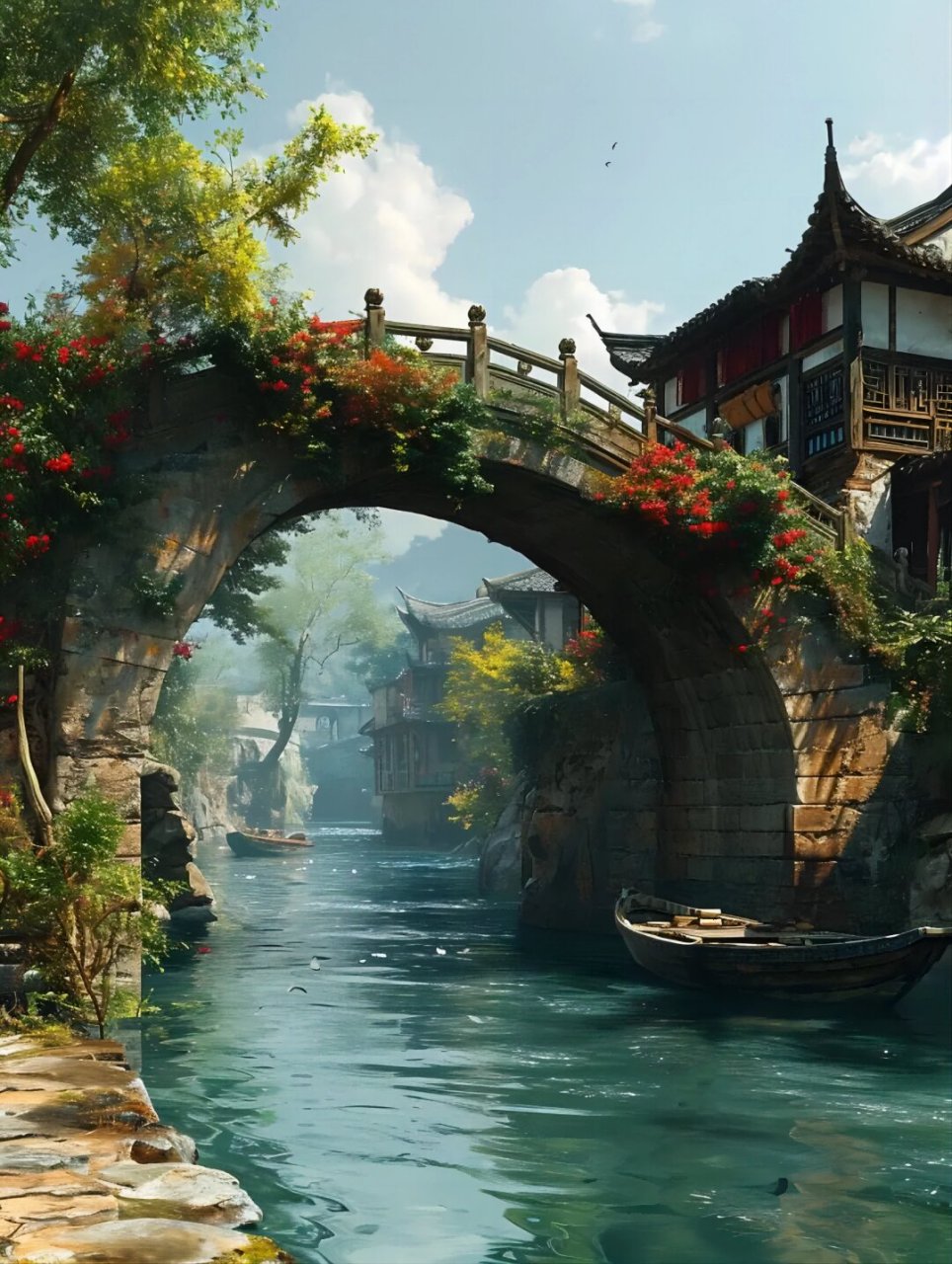 唯美古风意境素材  想象一下,一座古老的桥梁,横跨在清澈的河水上,桥