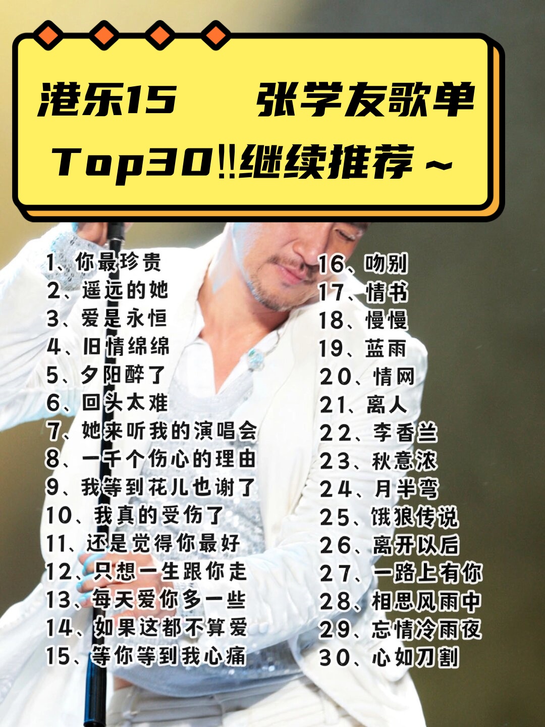 港乐15  张学友歌单top30继续推荐～  张学友