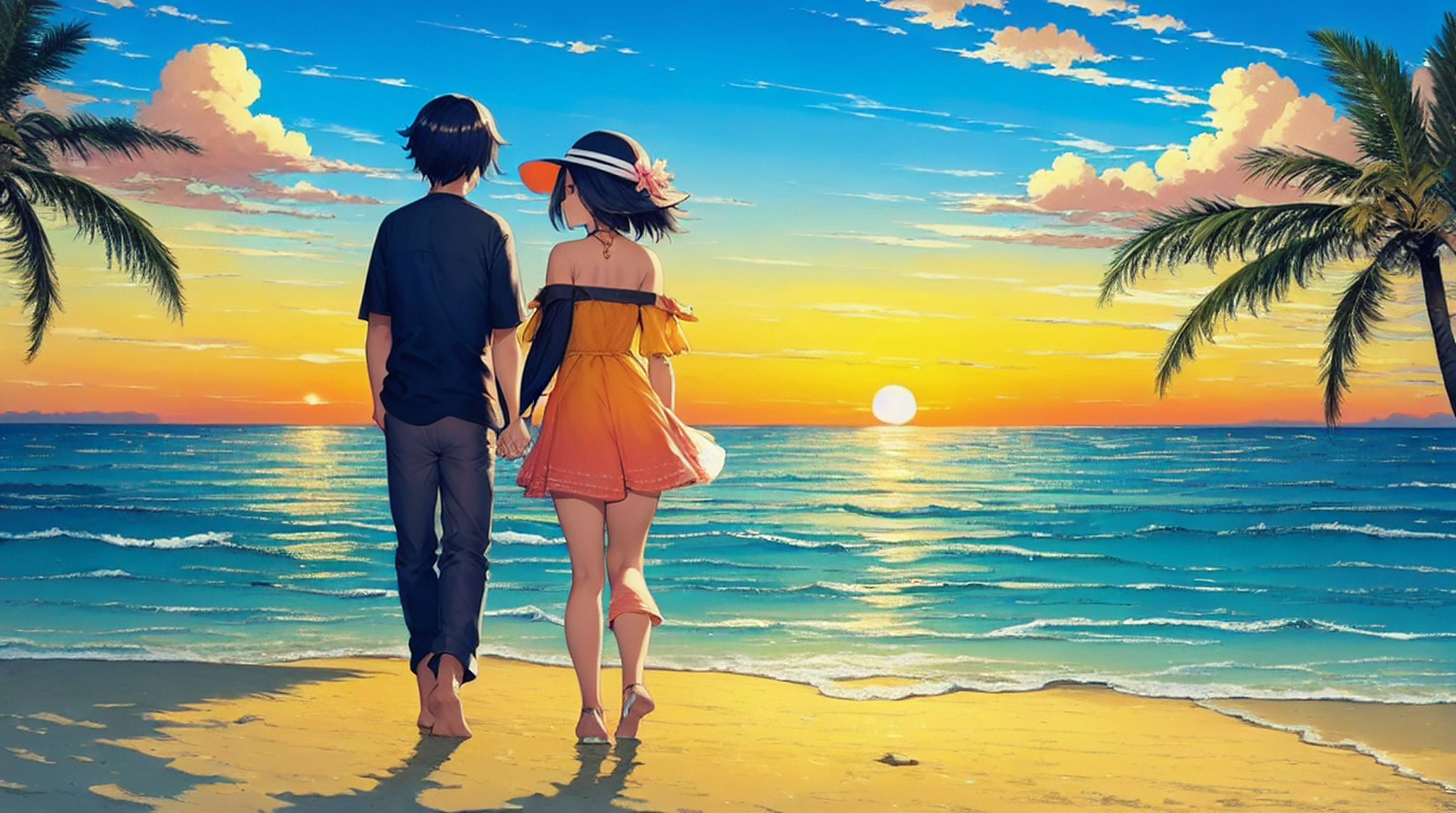 关键词:在夕阳西下的海边,一对情侣手牵手漫步在沙滩上,暖风拂面