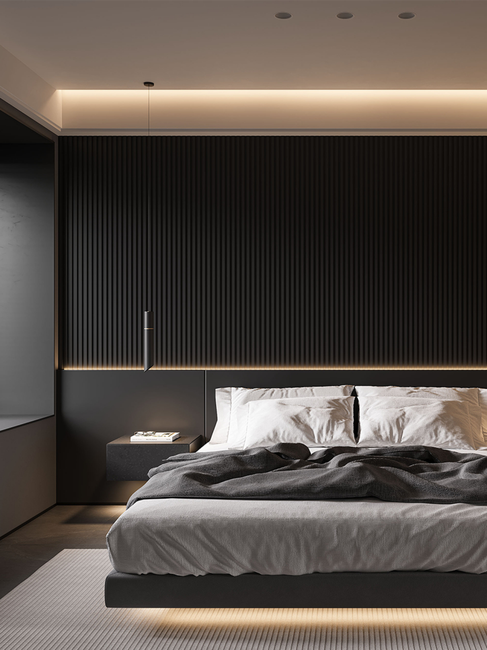 这就是霸总的暗黑系卧室嘛7190  94整个卧室是以黑灰色为主调
