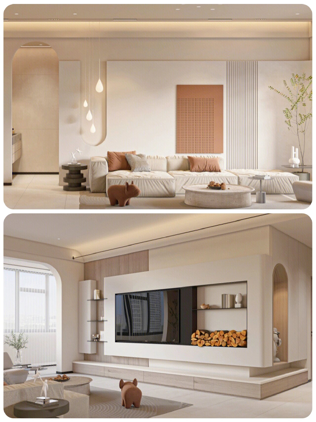 电视柜利用转角空间打造了 l 型背景墙,左边是拱形壁龛,装饰雕塑成了